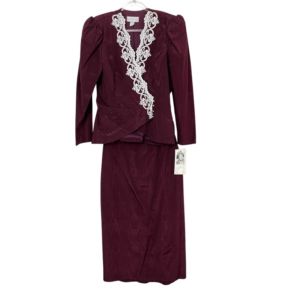 Jessica McClintock Skirt Suit Women 14 Burgundy Lace Pearl Moiré Vintage Set